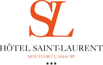 Logo orange des initiales "SL" avec le texte "Hôtel Saint-Laurent Montfort l'Amaury" et trois étoiles en dessous